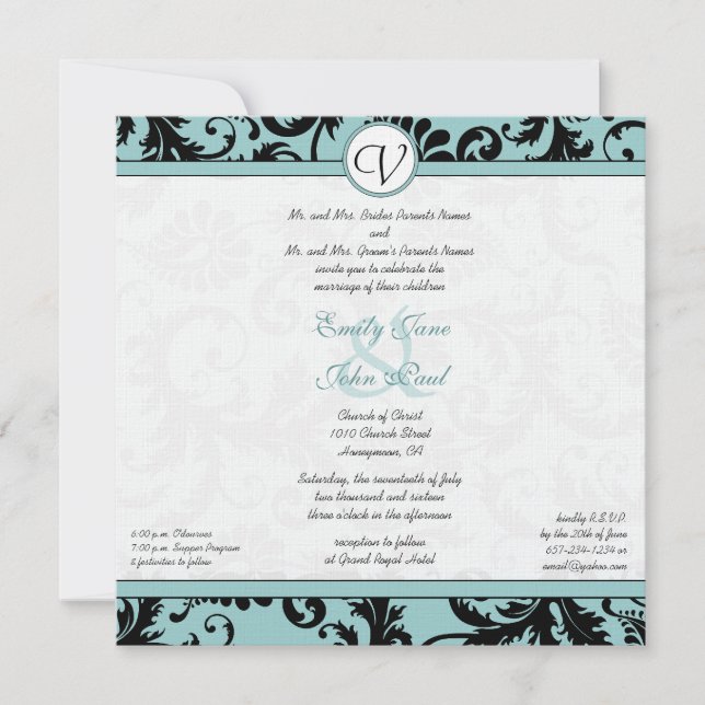 Black Damask Aqua Blue Wedding Invitation (Front)