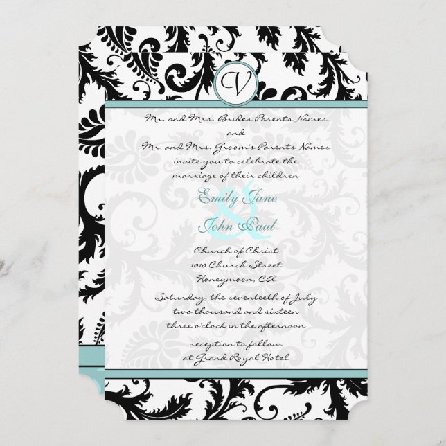 Black Damask Aqua Blue Wedding Invitation (Front/Back)