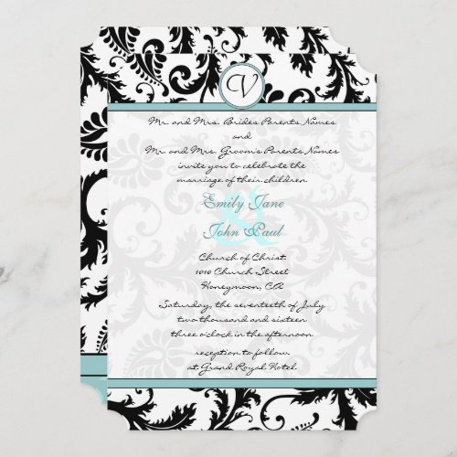 Black Damask Aqua Blue Wedding Invitation