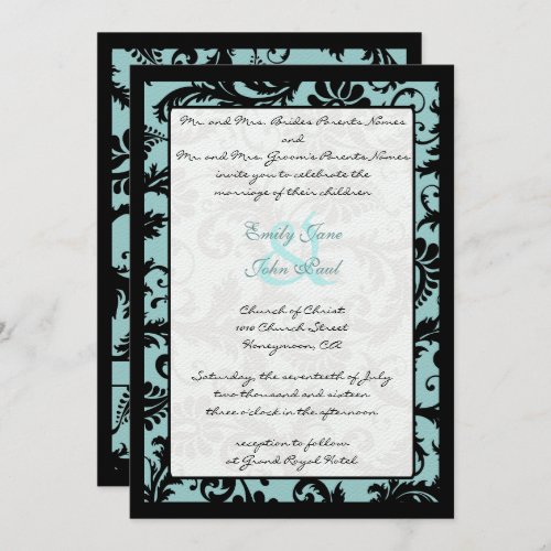 Black Damask Aqua Blue Wedding Invitation