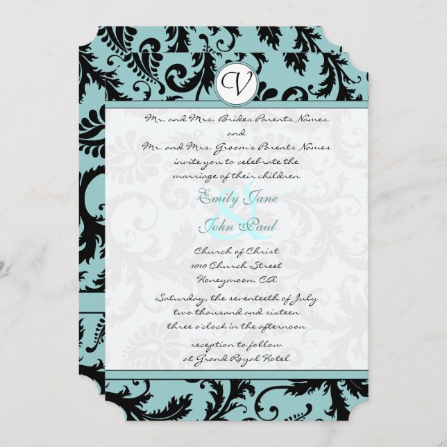Black Damask Aqua Blue Wedding Invitation (Front/Back)