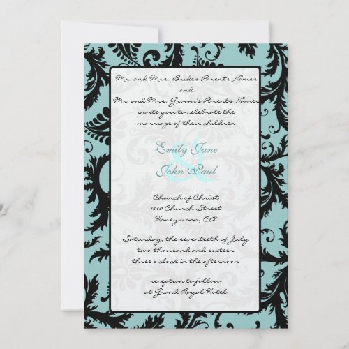 Black Damask Aqua Blue Wedding Invitation