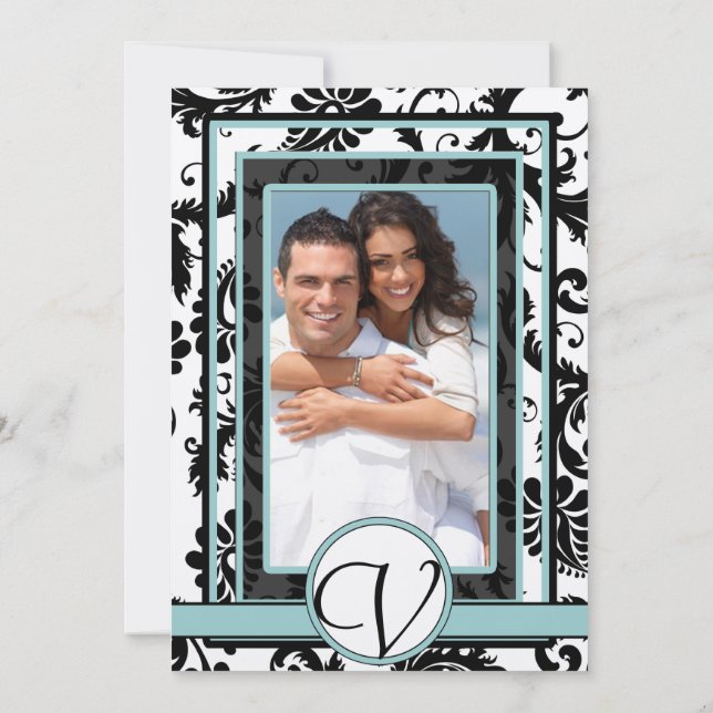 Black Damask Aqua Blue Wedding Invitation (Back)