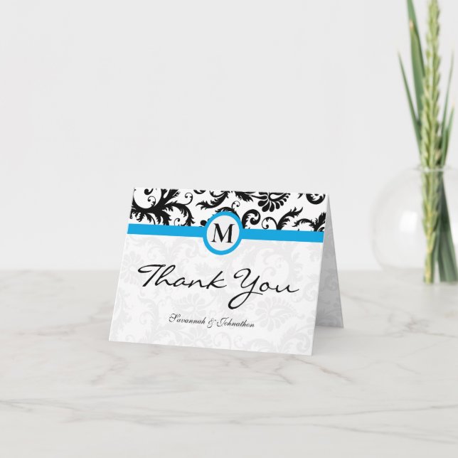 Black Damask Aqua Borders Thank You (Front)