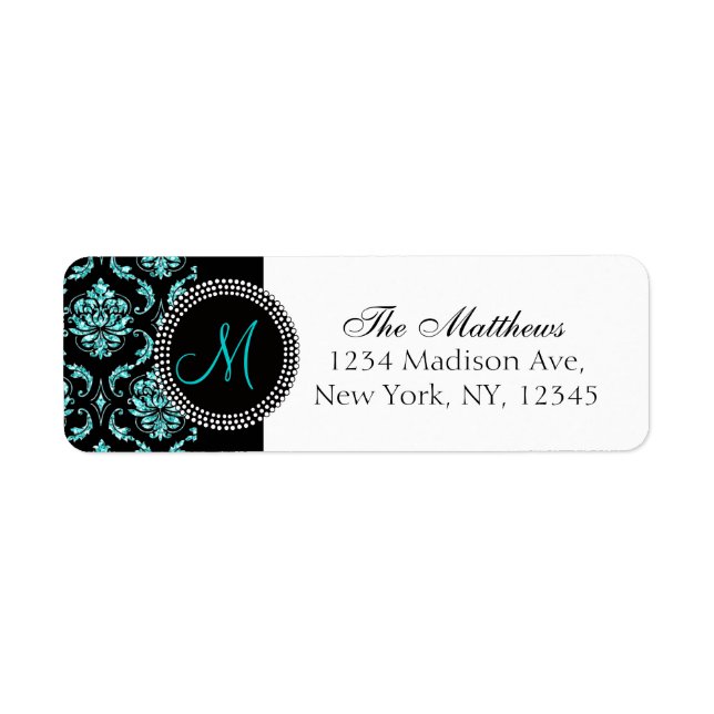 Black Damask Aqua Glitter Printed Monogram Label (Front)
