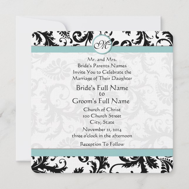 Black Damask Aqua Pool Blue Wedding Invitation (Front)