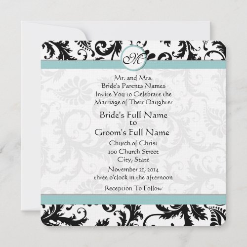 Black Damask Aqua Pool Blue Wedding Invitation