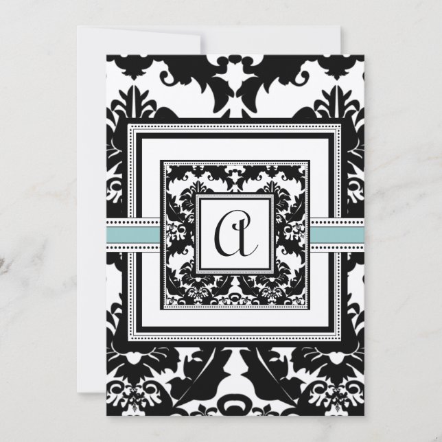 Black Damask Aqua Trim Hearts Wedding Invitations (Front)