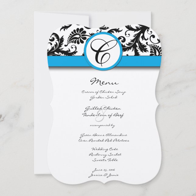 Black Damask Aquamarine Borders Wedding Invitation (Front)