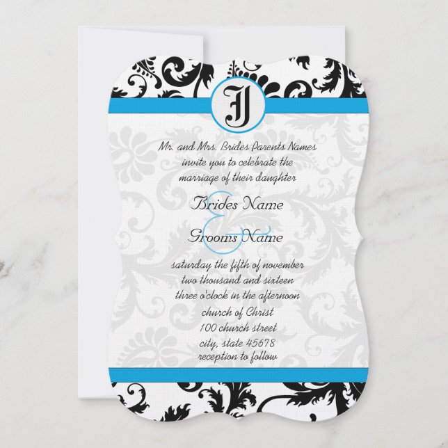 Black Damask Aquamarine Trim Wedding Invitations (Front)