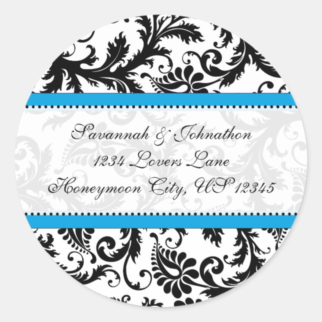 Black Damask Aquamarine Trim Wedding Seal (Front)