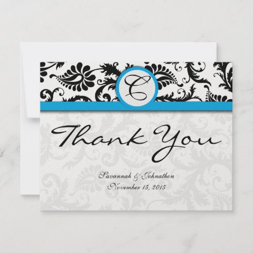 Black Damask Aquamarine Trim Wedding Thank You