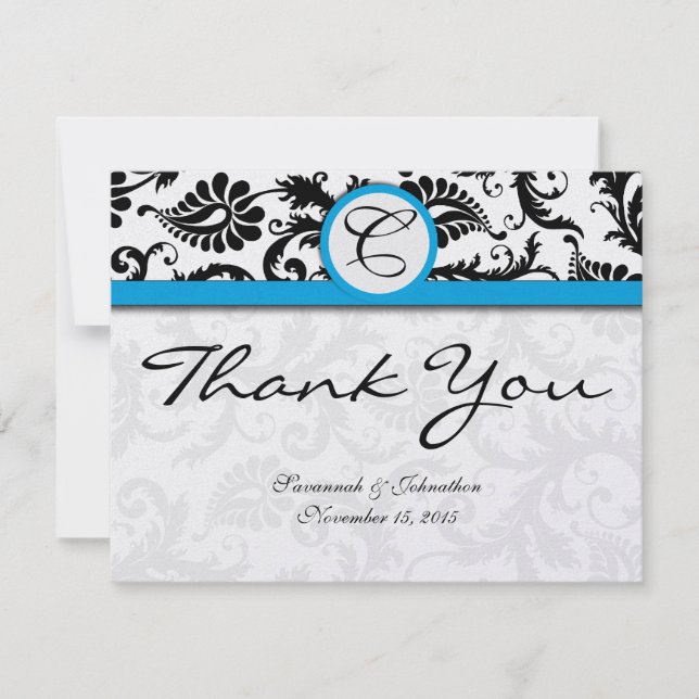 Black Damask Aquamarine Trim Wedding Thank You Card (Front)