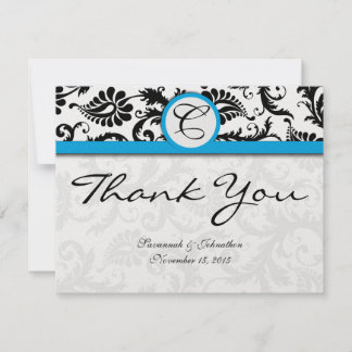 Black Damask Aquamarine Trim Wedding Thank You Card