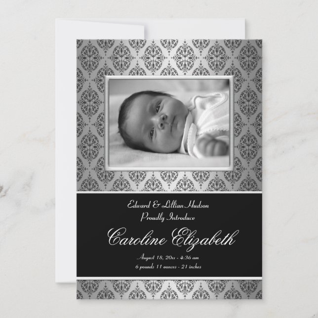 Black Damask Baby Birth Announcements (Front)