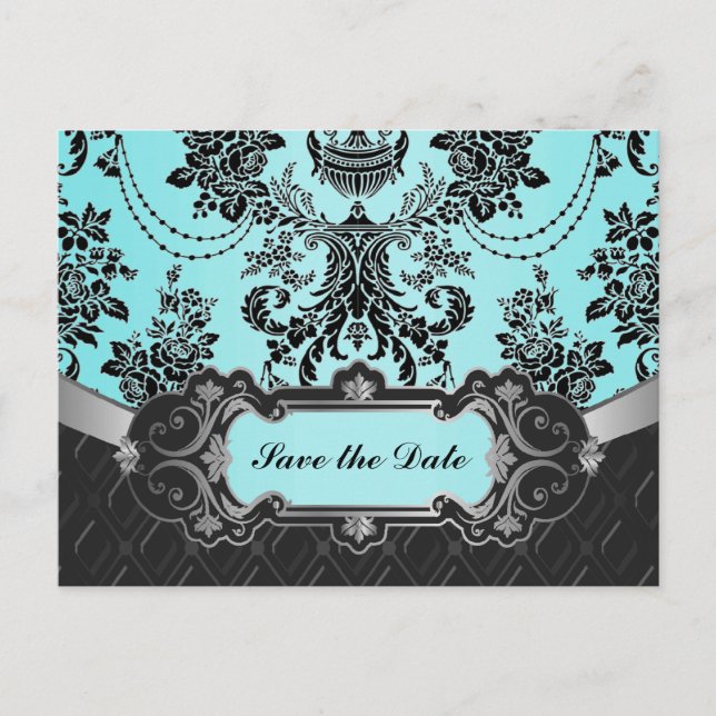 Black Damask Blue Wedding Save the Dates Announcement Postcard (Front)
