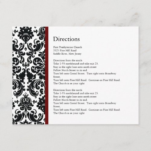 Black Damask Burgundy Accent Direction Card