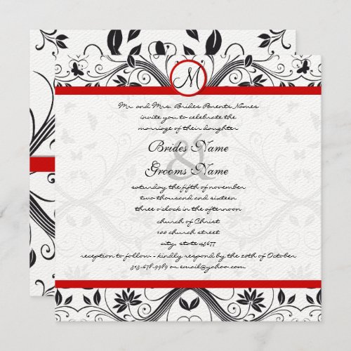 Black Damask Butterfly Swirls Red Trim Wedding  Invitation
