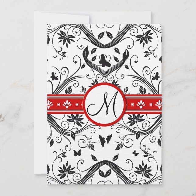 Black Damask Butterfly Swirls Red Wedding Invites (Front)