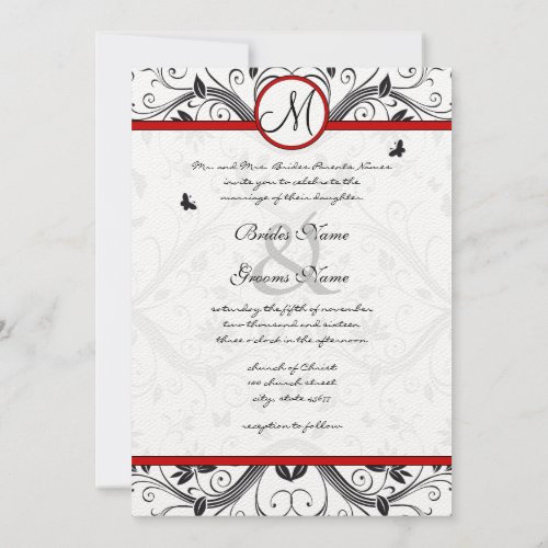 Black Damask Butterfly Swirls Red Wedding Invites