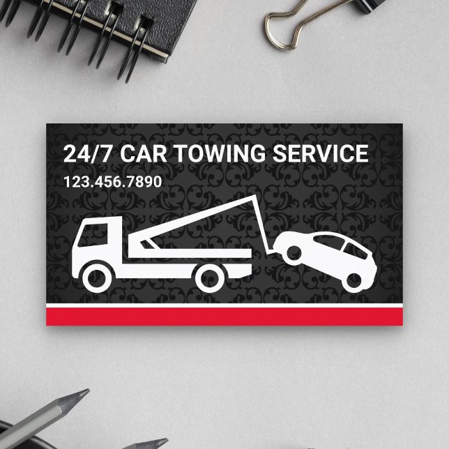Black Damask Car Towing Service Tow Truck Business Card (Creator Uploaded)