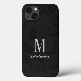 Black Damask Classic Monogrammed iPhone 13 Case