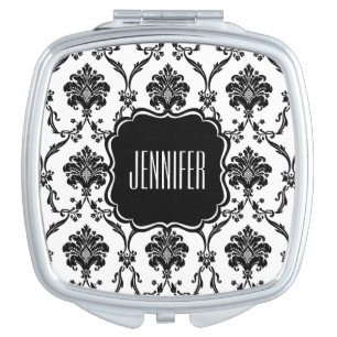 Black Damask Compact Mirror with Custom Name
