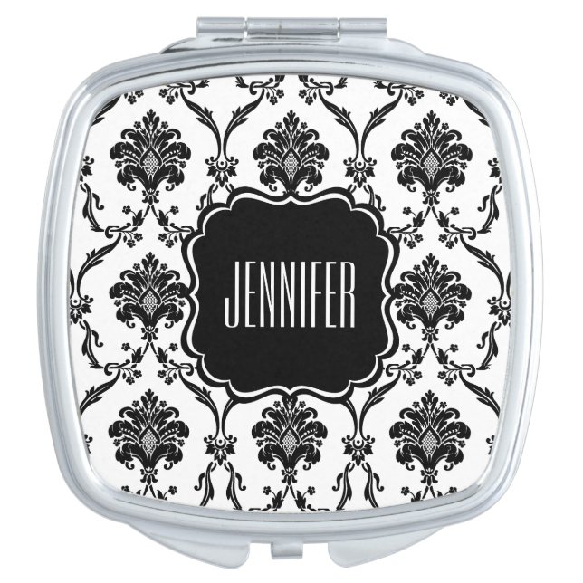 Black Damask Compact Mirror with Custom Name (Front)