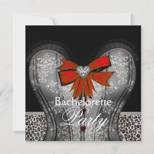 Black Damask Corset Red Leopard Bachelorette Party Personalized Invite
