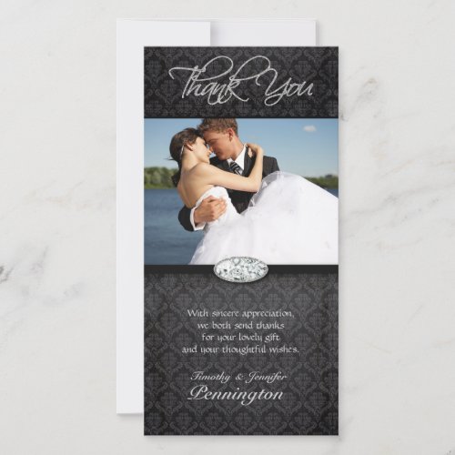 Black damask diamond wedding thank you photo card