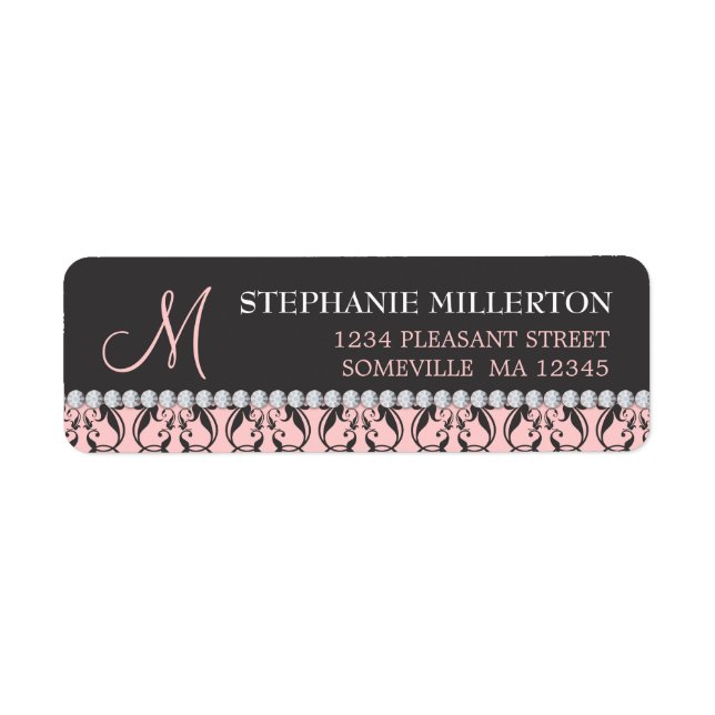 Black Damask & Diamonds Monogram Address Label (Front)