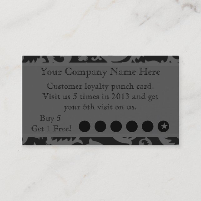 Black Damask Discount Promotional Punch Card (Front)