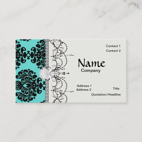 black damask elegance on aqua blue business card