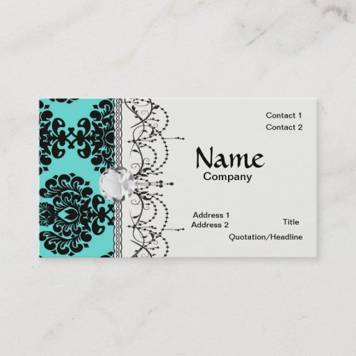 Customizable black damask elegance on aqua blue business card