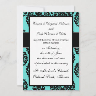 black damask elegance on aqua blue design invitation