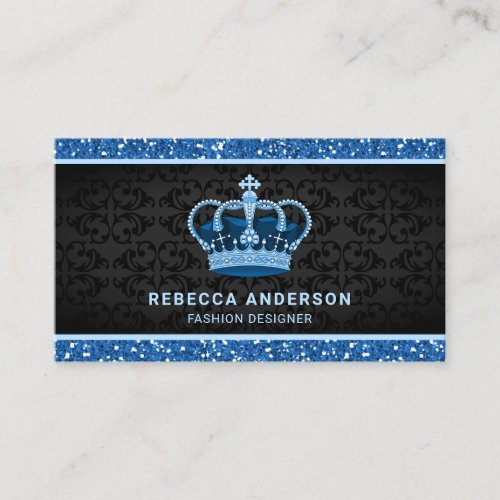 Black Damask Faux Blue Glitter Royal Crown Business Card