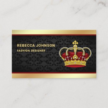 Black Damask Faux Gold Foil Red Crown Business Card by ShabzDesigns at Zazzle