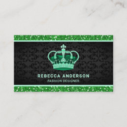 Black Damask Faux Green Glitter Royal Crown Business Card