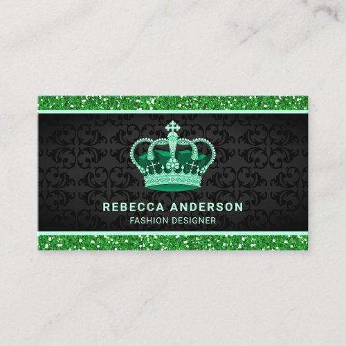 Black Damask Faux Green Glitter Royal Crown Business Card