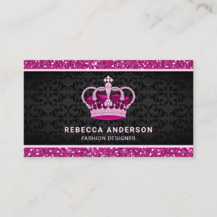 Black Damask Faux Hot Pink Glitter Royal Crown Business Card
