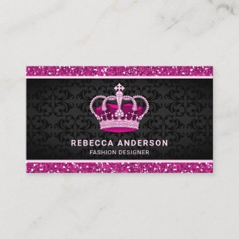 Black Damask Faux Hot Pink Glitter Royal Crown Business Card by ShabzDesigns at Zazzle