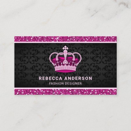Black Damask Faux Hot Pink Glitter Royal Crown Business Card