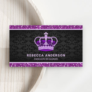 Black Damask Faux Purple Glitter Royal Crown Business Card
