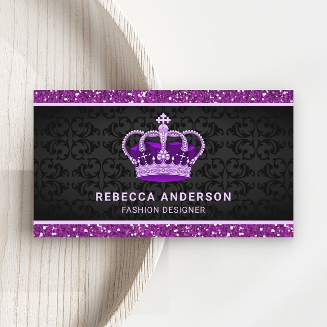 Black Damask Faux Purple Glitter Royal Crown Business Card (Creator Uploaded)