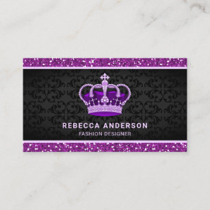 Black Damask Faux Purple Glitter Royal Crown Business Card