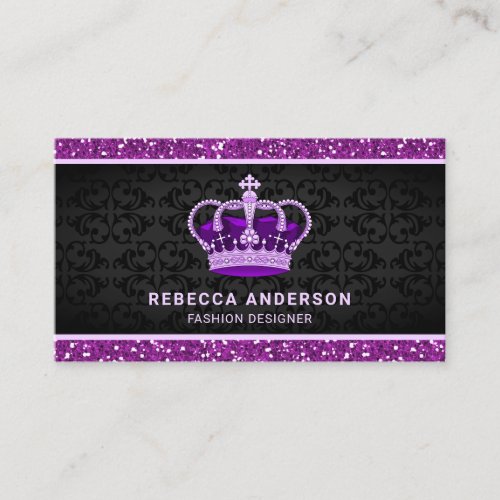 Black Damask Faux Purple Glitter Royal Crown Business Card