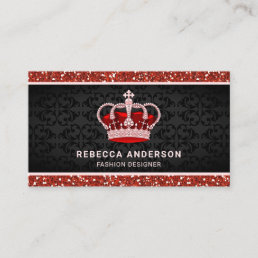Black Damask Faux Red Glitter Royal Crown Business Card