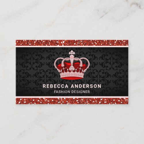 Black Damask Faux Red Glitter Royal Crown Business Card