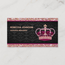 Black Damask Faux Rose Gold Glitter Pink Crown Business Card
