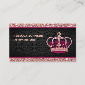 Black Damask Faux Rose Gold Glitter Pink Crown Business Card by ShabzDesigns at Zazzle